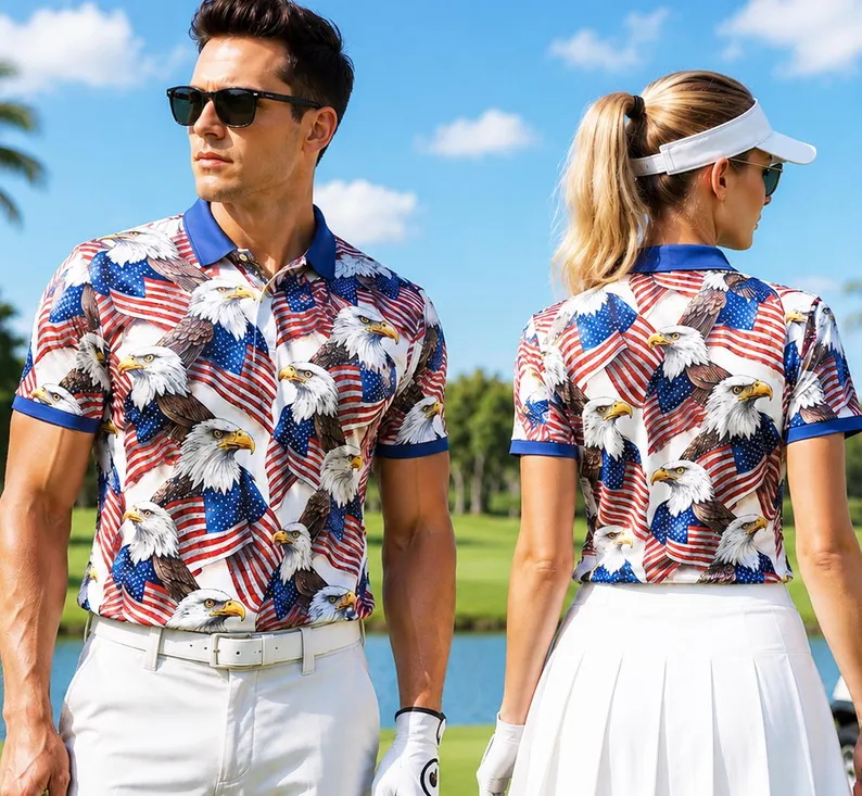 3D Printing Eagle - Kaos Polo Golf Patriotik Pria dengan