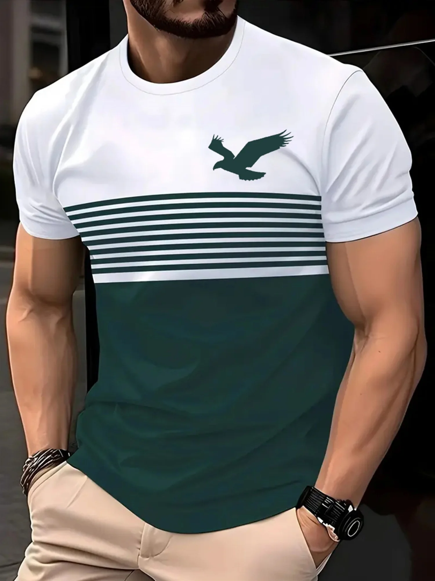 3D Printing Eagle - Kaos Pria Motif Elang Bergaris Warna-warni,