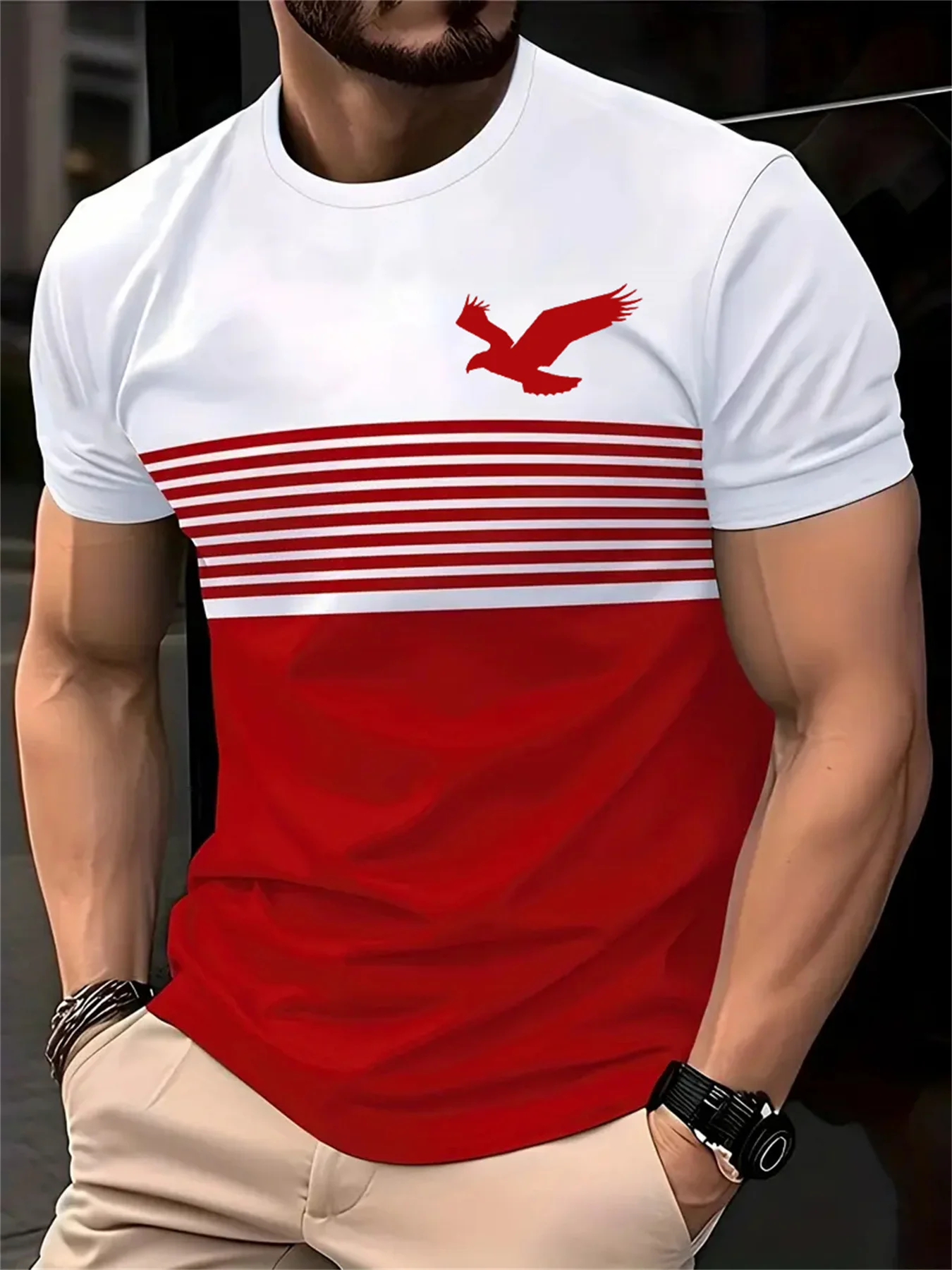 Kaos Pria Motif Elang Bergaris - 3D Printing Eagle ulasan dan harga